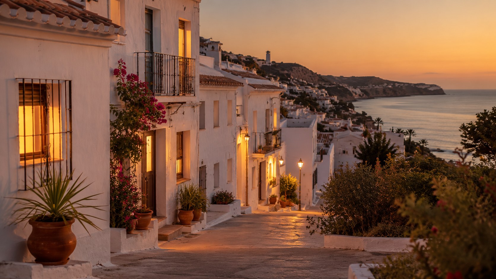 Pueblo costero espa&ntilde;ol al atardecer con viviendas habitadas