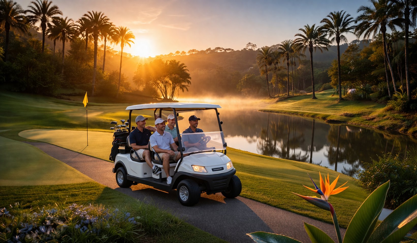 Groep golfers in een golfkar bij zonsopgang op een tropische golfbaan aan de Costa Blanca