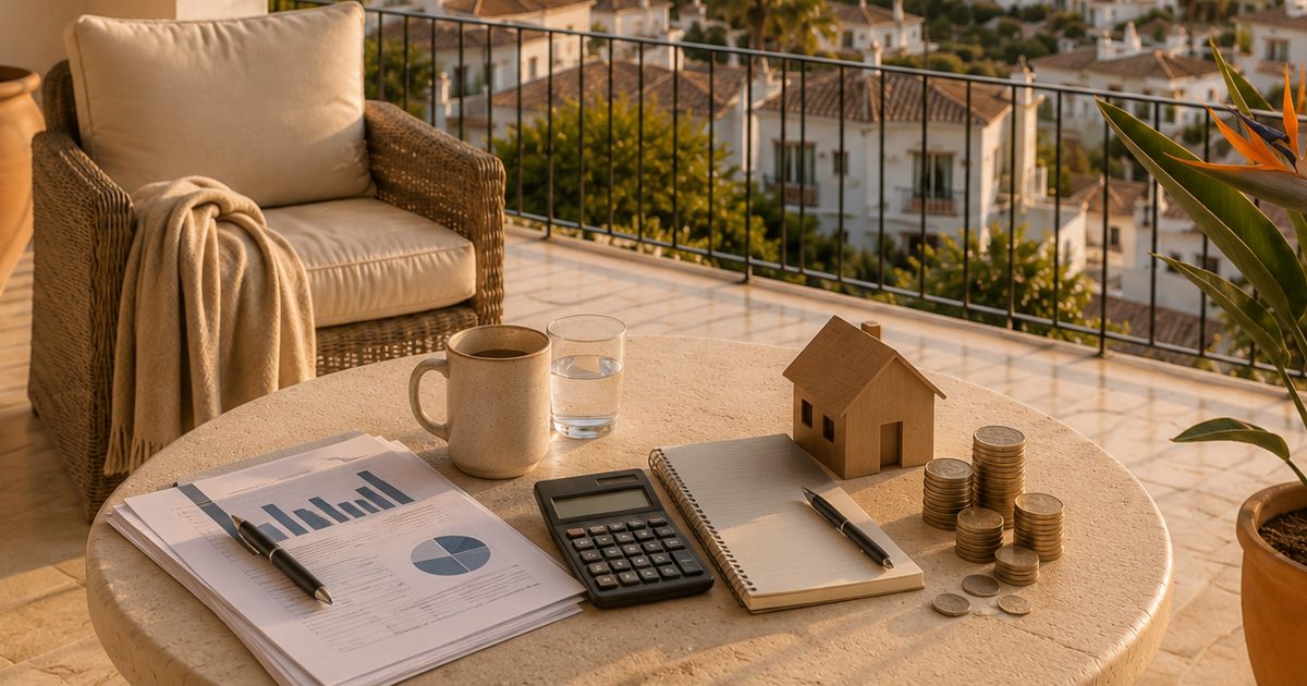 Mesa con calculadora, monedas y una casita de madera en una terraza de la Costa Blanca